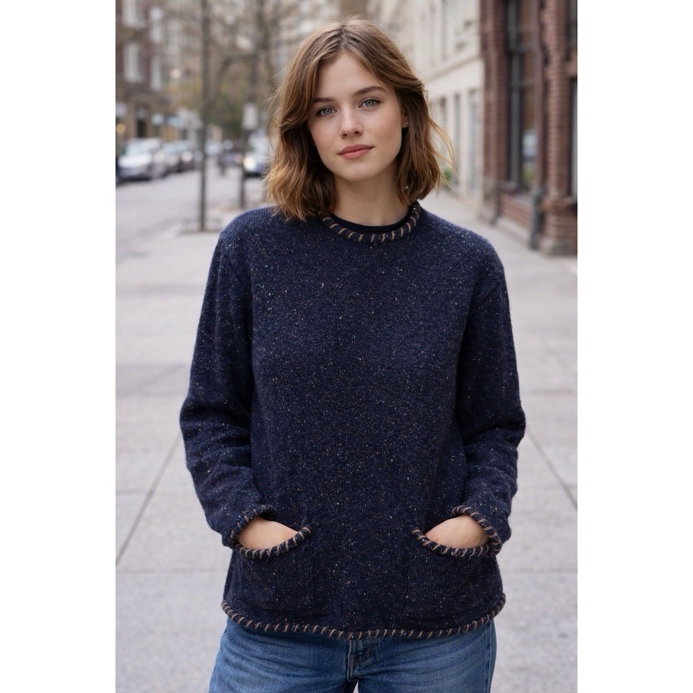 Vintage Navy Speckled Wool Sweater L Boho Whipstitch Trim